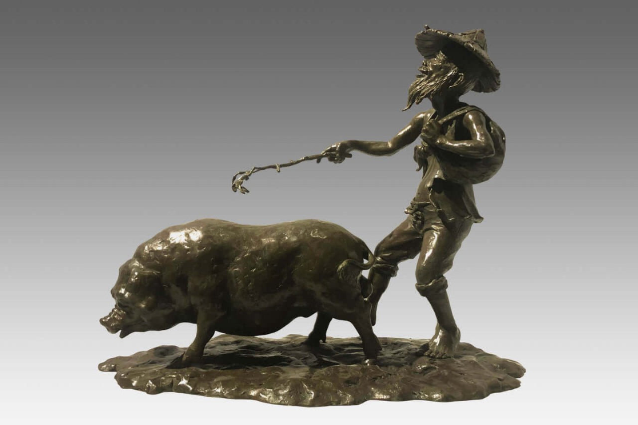 Sculpture of an old man joyfully leading a pig, depicting rural life in Taiwan's farming communities.